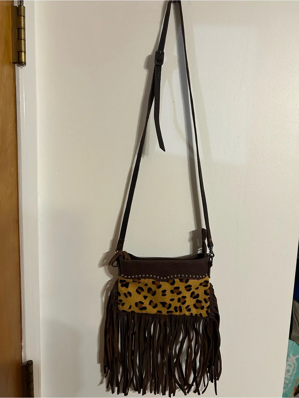 American Darling Brown Fringe Crossbody with Leopard Panel